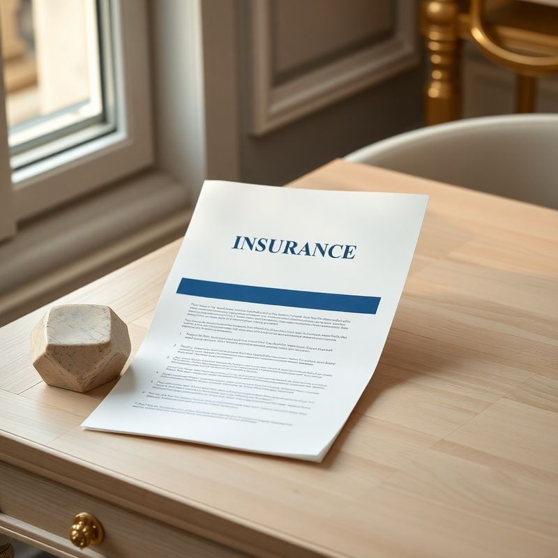 Folded insurance policy document in cream and indigo on a pale oak desk