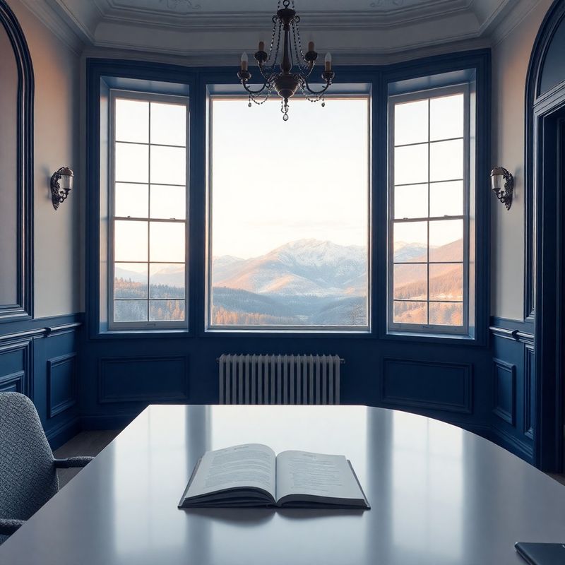 Interior of a Poprad advisory office with pale walls, indigo accents, and a Tatra mountain view