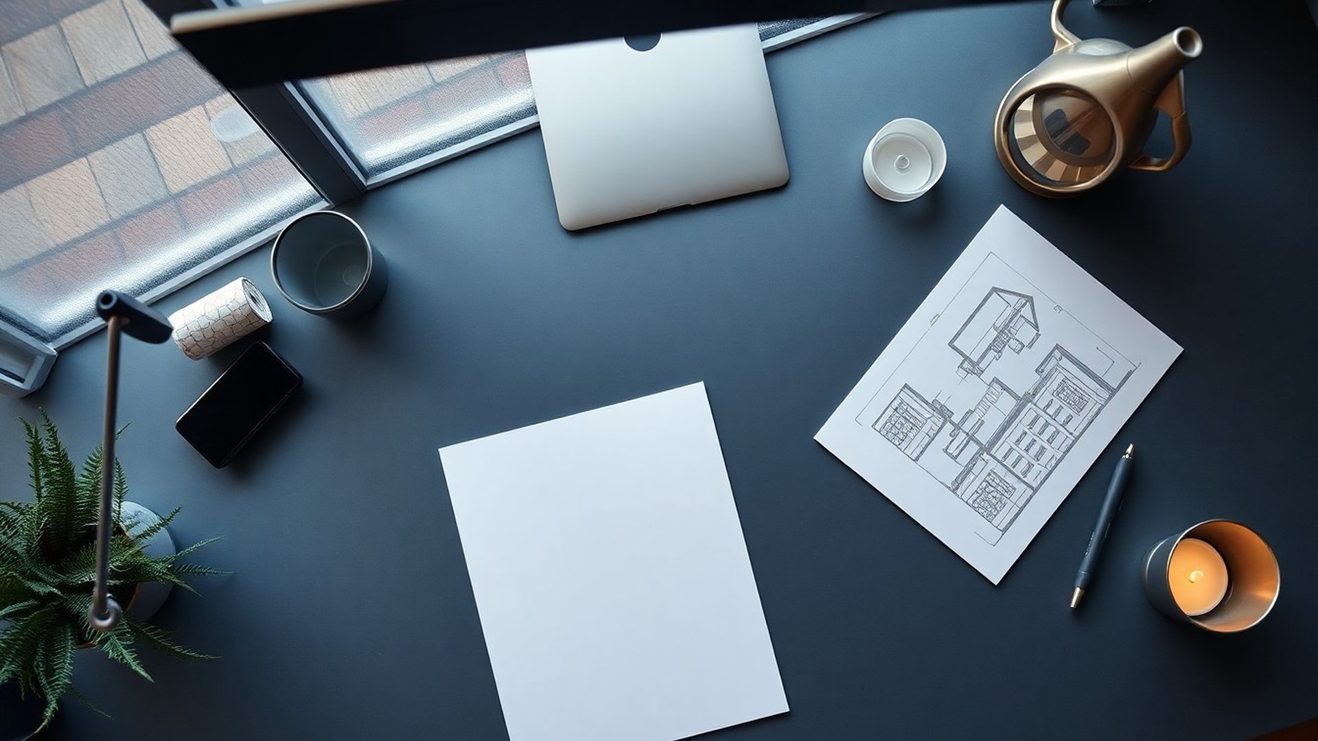 Overhead view of a clean indigo-tech workspace with a single document and fine-line architectural drawings