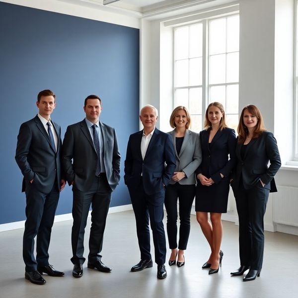 Three financial professionals in a bright Poprad office with indigo accent wall