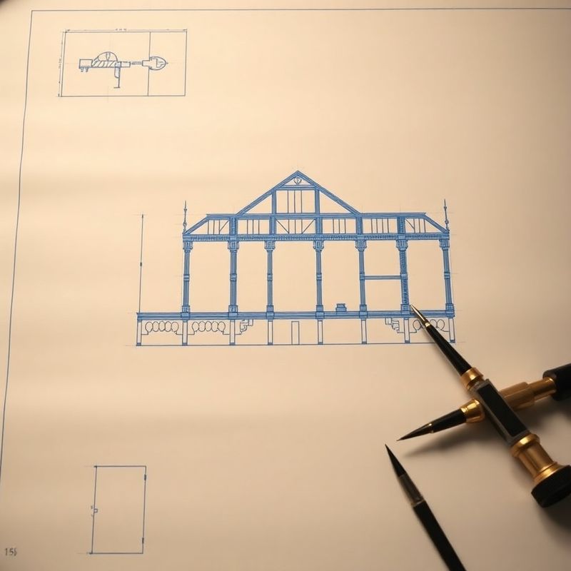 Architectural blueprint detail on cream drafting paper with indigo linework
